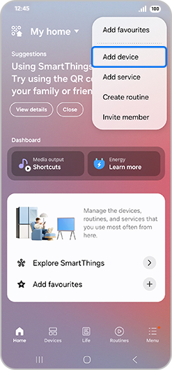 Drop-down menu with “Add device" highlighted.