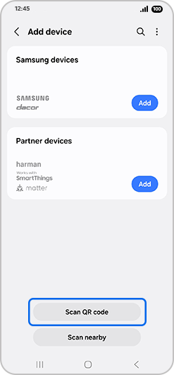 “Add device” screen with “Scan QR code” highlighted.