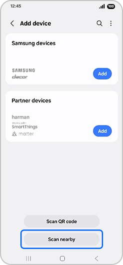“Add device” screen with “Scan nearby” highlighted.