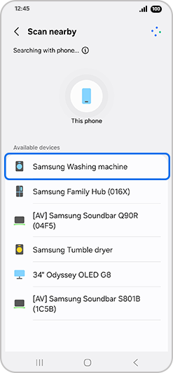 “Scan nearby" screen with “Samsung Washing machine” highlighted.