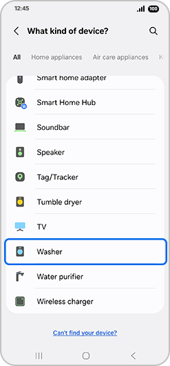 “What kind of device” screen with "Washer” highlighted.