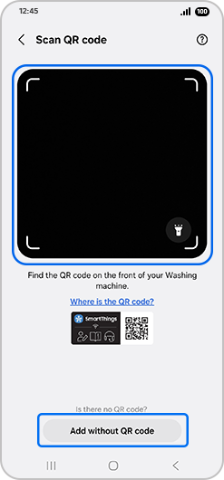 “Scan QR code” screen with camera and “Add without QR code” highlighted.