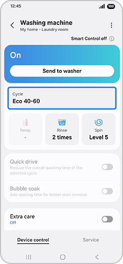 “Washing machine” screen with “Cycle” highlighted.