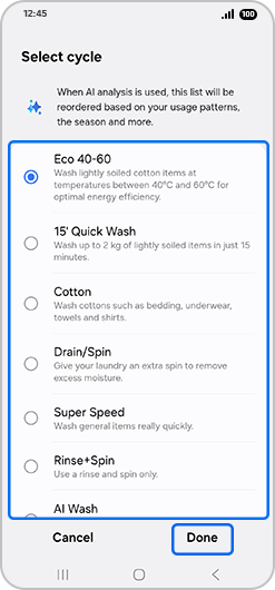 “Select cycle” screen with cycle options and “Done” highlighted.