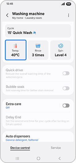“Washing machine” screen with “Temp” highlighted.