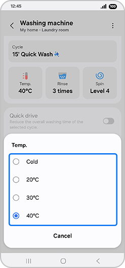 “Temp.” pop-up menu with temperature options highlighted.