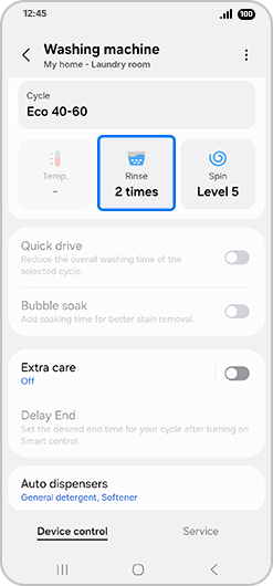 “Washing machine” screen with “Rinse” highlighted.