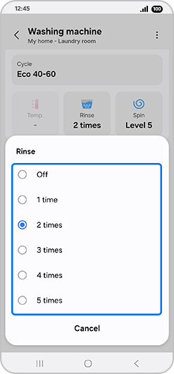 “Rinse” pop-up menu with rinse options highlighted.