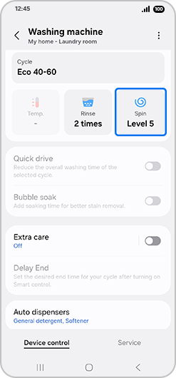 “Washing machine” screen with “Spin” highlighted.