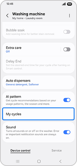“Washing machine” screen with “My cycles” highlighted.