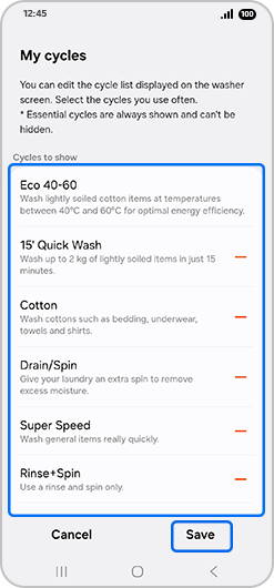 “My cycles” screen with cycles and “Save” highlighted.