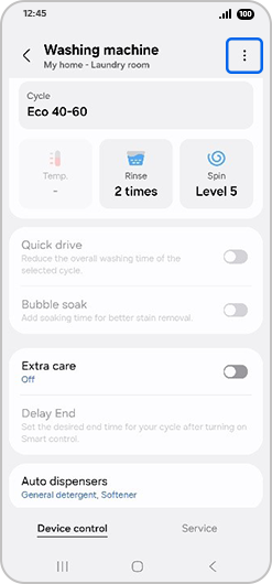 “Washing machine” screen with menu icon highlighted.