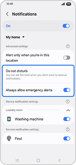“Notifications” screen with “Do not disturb” and “Always allow emergency alerts” highlighted.