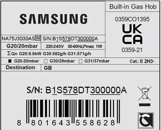 Samsung gas hob product label