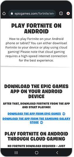 Epic Games for Android website on Samsung Internet app