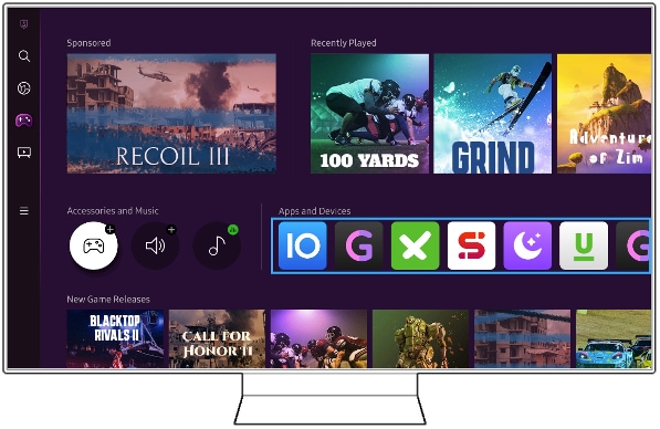Gaming hub tabs displayed on samsung smart TV
