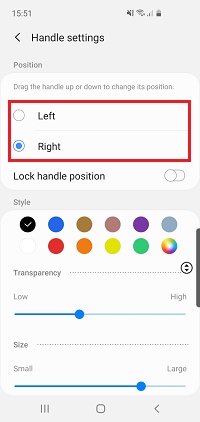 Tap Left or Right to choose which side of the screen the handle will appear on