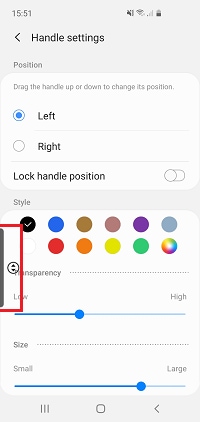 Drag the edge screen handle up or down to change the position