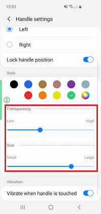 Drag the sliders left or right to adjust the size and transparency of the handle