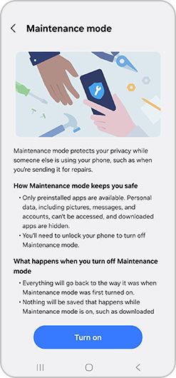 Hand holding a Galaxy phone showing a blue cog and ‘Maintenance mode’ on screen
