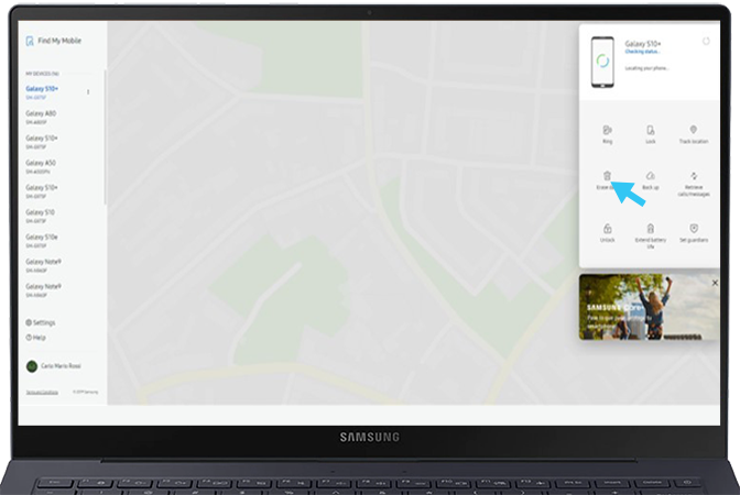 A opção de eliminar todos os dados remotamente foi selecionada em Find My Mobile.