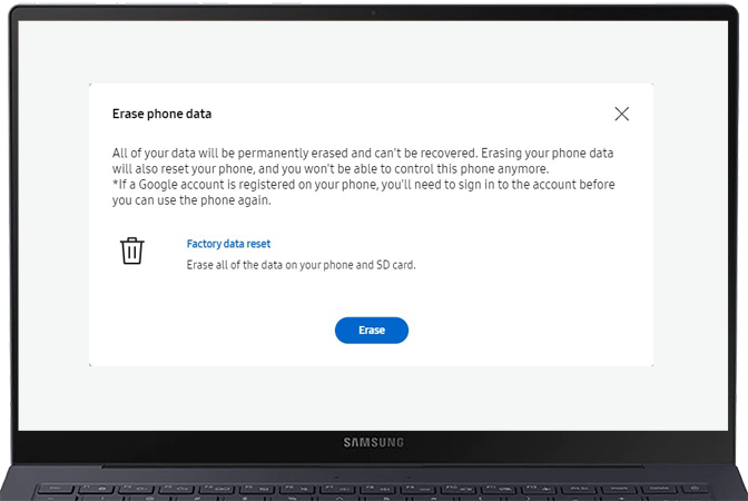 Confirme se deseja apagar os dados em Find My Mobile