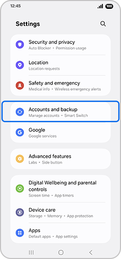 Accounts and backup selected in Settings