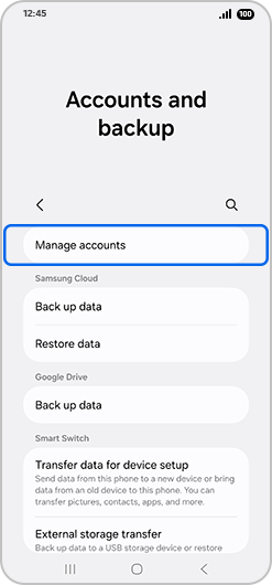 Manage accounts selected in Accounts and backup