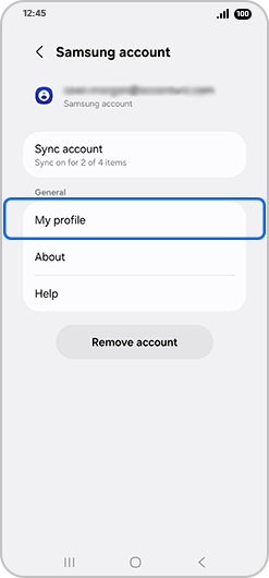 My profile selected in Samsung account settings