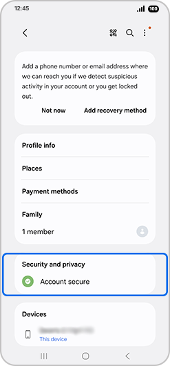 Security and privacy selected in Samsung account profile