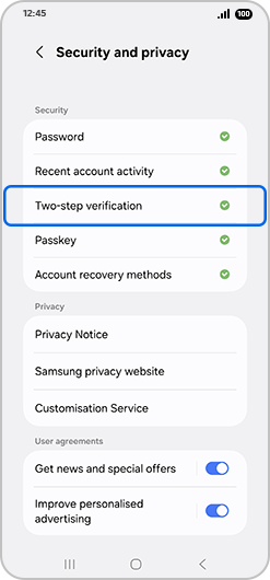 Two-step verification selected in security and privacy settings of Samsung Account