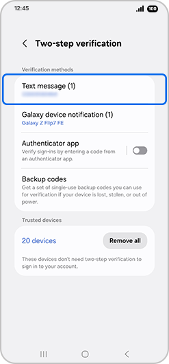 Text message selected under Verification methods in Two-step verification menu