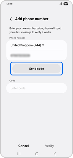 Send code selected in Add phone number menu