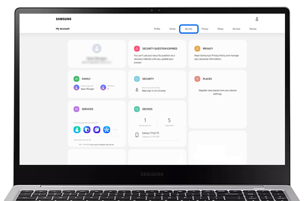 Security selected on My Account section of Samsung Account website