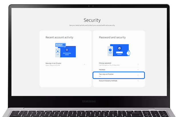 Two-step verification selected in Security section of Samsung Account website