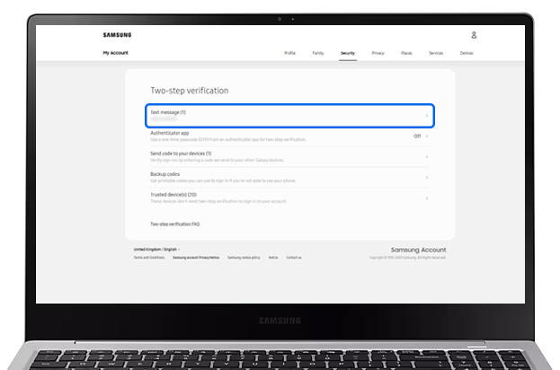 Text message selected in Two-step verification section of Samsung Account website