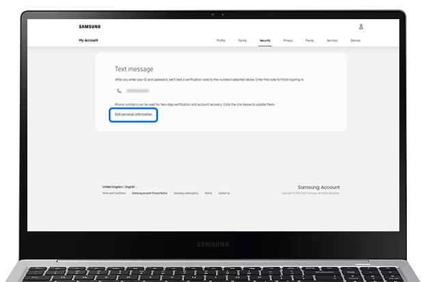 Edit personal information selected in Text message section of Samsung Account website