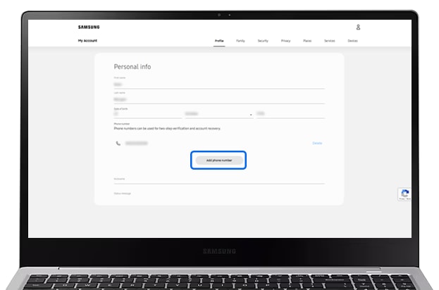 Add phone number selected in Personal info section of Samsung Account website