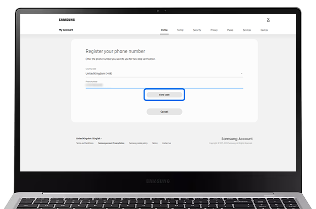 Send code selected in Register your phone number section of Samsung Account website
