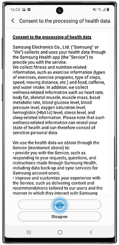 Tap to Agree or Disagree to share health data