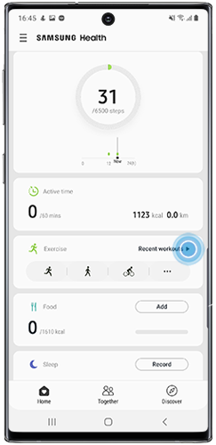 Tap Exercise section on Samsung Health home page