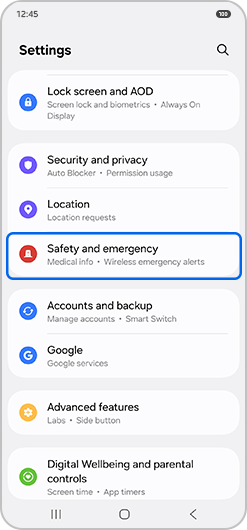 "Safety and emergency" selected in Settings menu