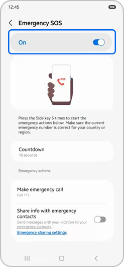 Switch to turn off Emergency SOS selected