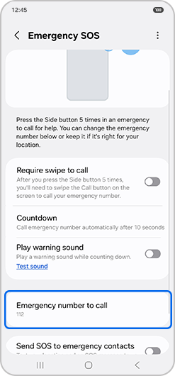 "Emergency number to call" selected