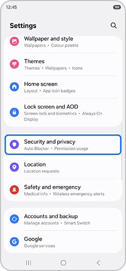 Security and privacy selected in settings menu