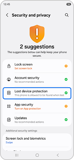 Lost device protection selected in Security and privacy