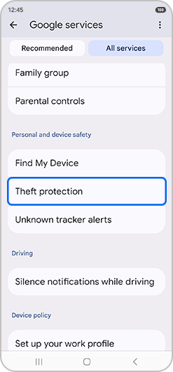 Theft protection selected in Google services