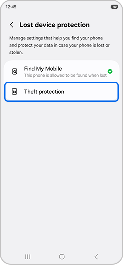 Theft protection selected in Lost device protection