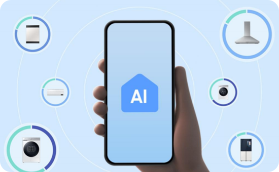 SmartThings AI-logotyp på en Samsung smarttelefon, omgiven av en rad framhävda smarta enheter.
