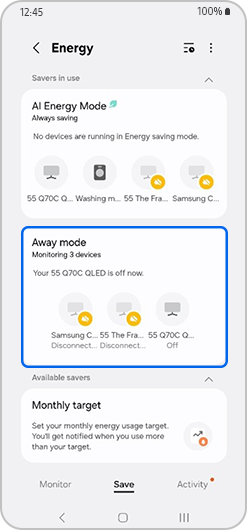 “Energy” screen with “Away mode” and “55 The Frame” highlighted.